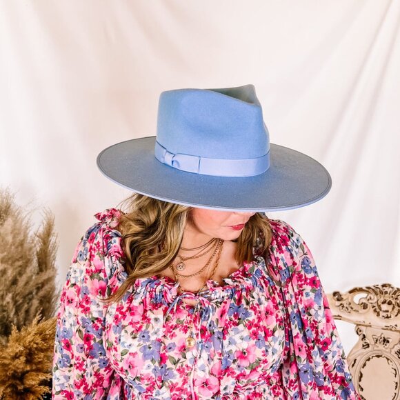 Lack of Color NWT Womens L Wide Brim Rancher Fedora Hat Capri Blue Wool Felt - Picture 1 of 11